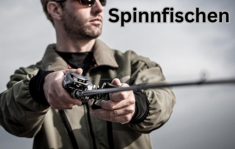Mann mit Angelrute, bereit zum Spinnfischen, trägt Sonnenbrille und Jacke.