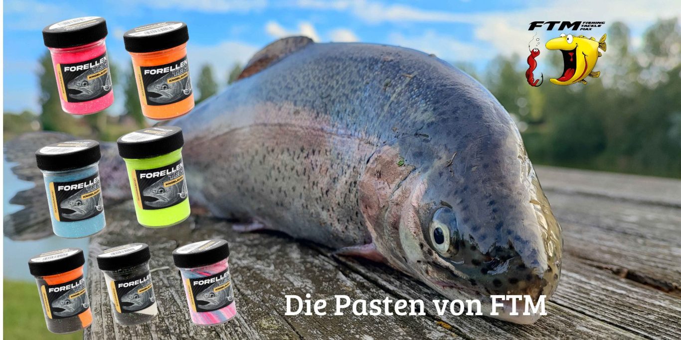 Ein großer Fisch liegt auf einem Holzstamm, umgeben von bunten Angelködern.